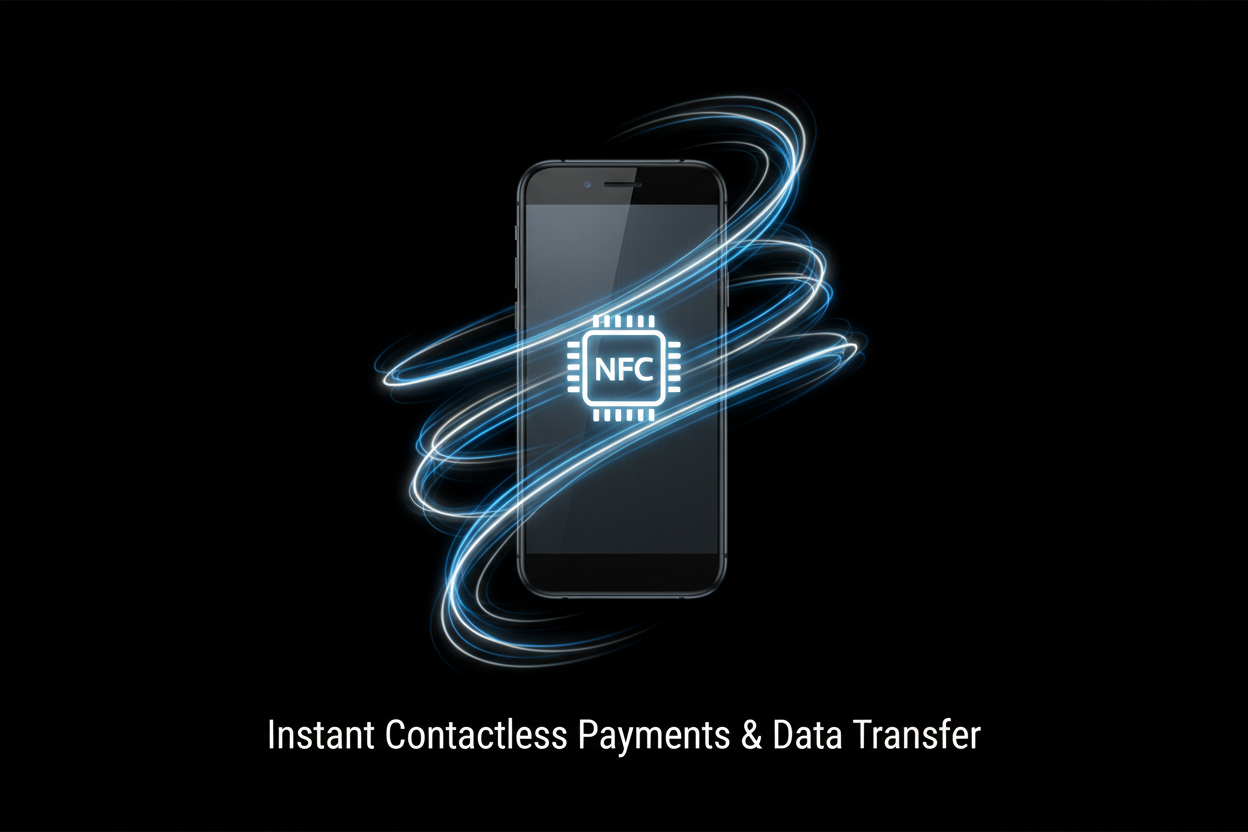 Create an image for nfc technology with a small text stating the main benefit of NFC technology on a business. Background should be black